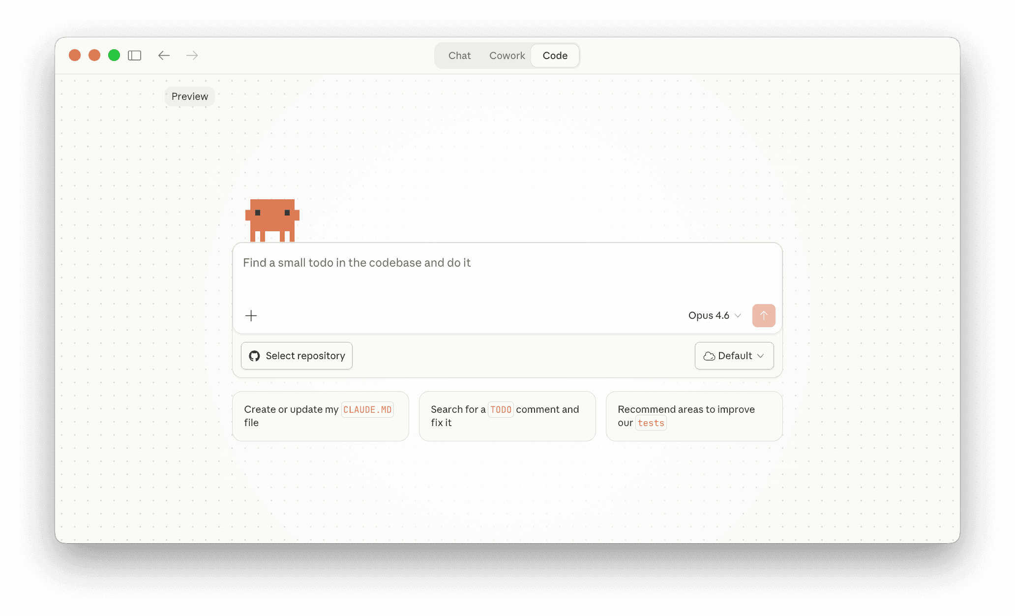 Claude Desktop dasturining Code boʻlimi: topshiriq qatori, ish joyi tanlagichi va tayyor takliflar